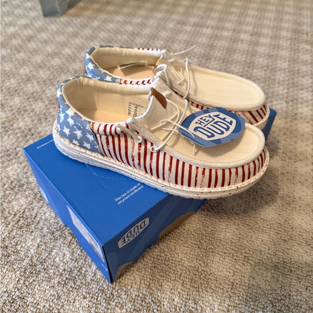 Hey Dude Kids White Slip-On Sneakers with Red Stripes & Blue Star Trim